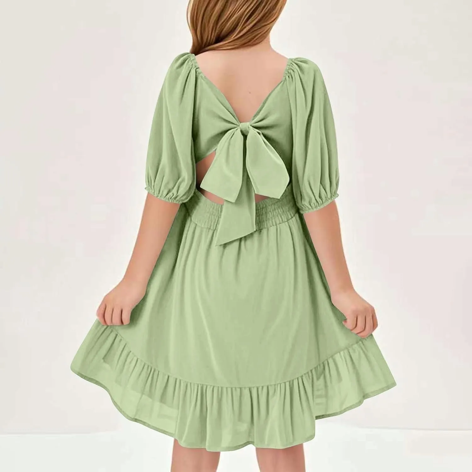 Girls Summer Square Neck Lantern Sleeve Lace-Up Backless Ruffle Children's Party Dresses