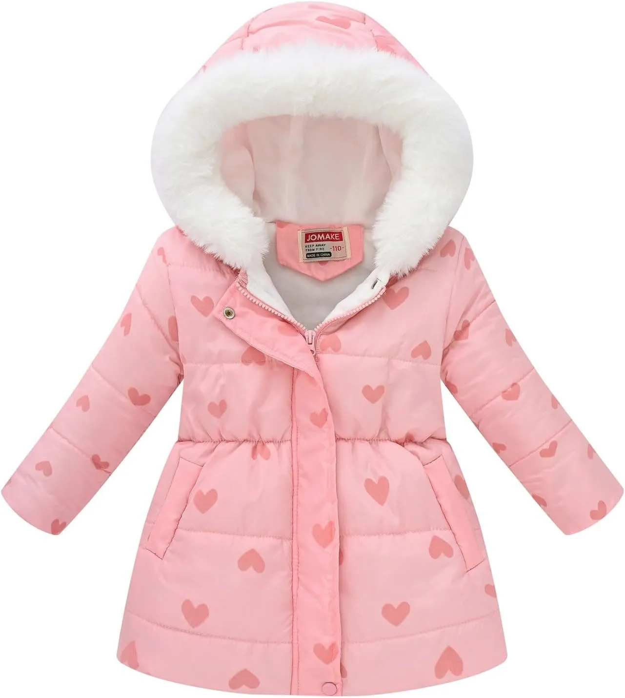 Girls Winter Hooded Coat Water-proof Fashion Fleece Warm Fr Collar Zip Up Mid Length Winter Coats for Kids