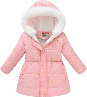 Girls Winter Hooded Coat Water-proof Fashion Fleece Warm Fr Collar Zip Up Mid Length Winter Coats for Kids