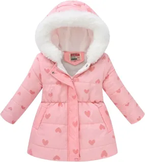 Girls Winter Hooded Coat Water-proof Fashion Fleece Warm Fr Collar Zip Up Mid Length Winter Coats for Kids