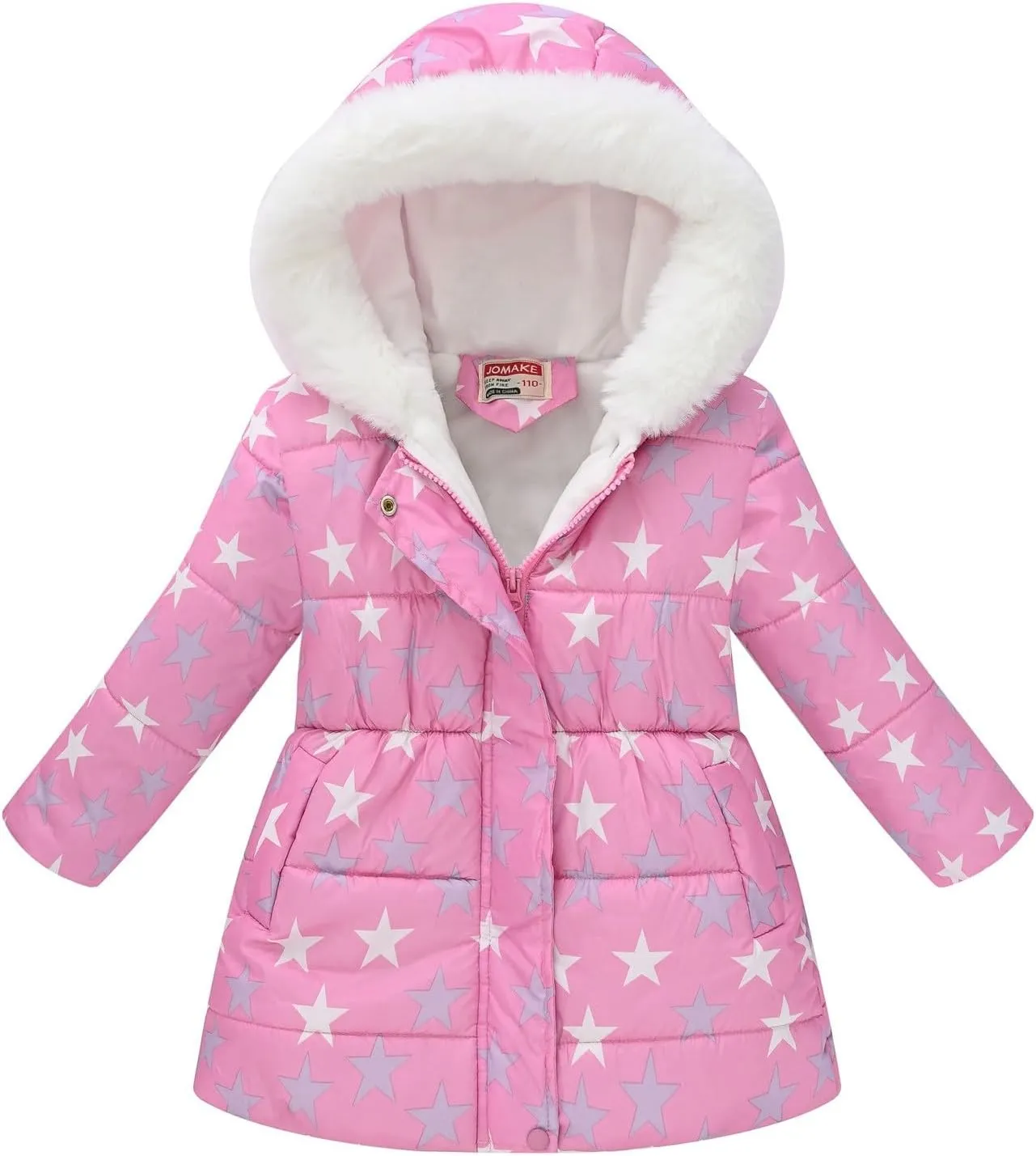 Girls Winter Hooded Coat Water-proof Fashion Fleece Warm Fr Collar Zip Up Mid Length Winter Coats for Kids