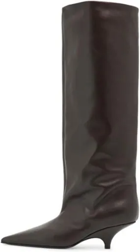 Goolita Burgundy Knee High Boots For Women, Pointed Toe Kitten Heel Wide Calf Boots Cherry Red Slip On Dress Tall Boots