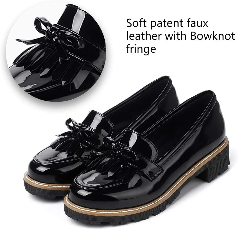 JITUUE Penny Loafers for Women Flat Sandals Chunky Low Heels Slip on Patent Leather Mary Jane Shoes with Bow Tassel