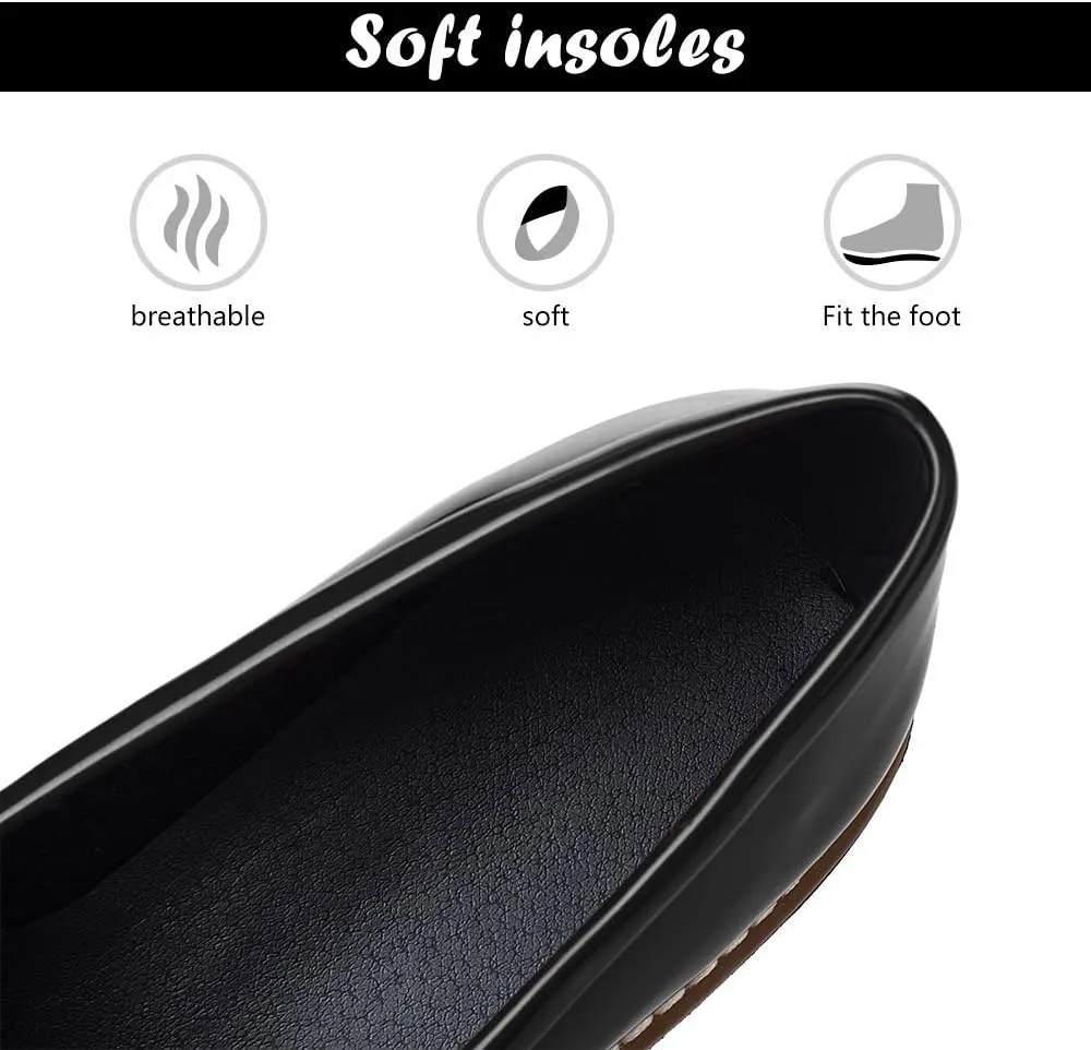 JITUUE Penny Loafers for Women Flat Sandals Chunky Low Heels Slip on Patent Leather Mary Jane Shoes with Bow Tassel