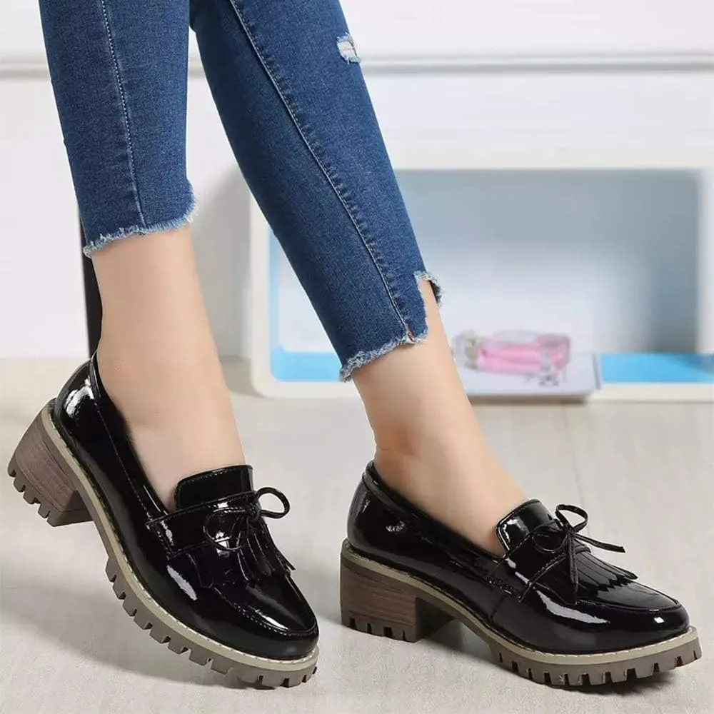 JITUUE Penny Loafers for Women Flat Sandals Chunky Low Heels Slip on Patent Leather Mary Jane Shoes with Bow Tassel