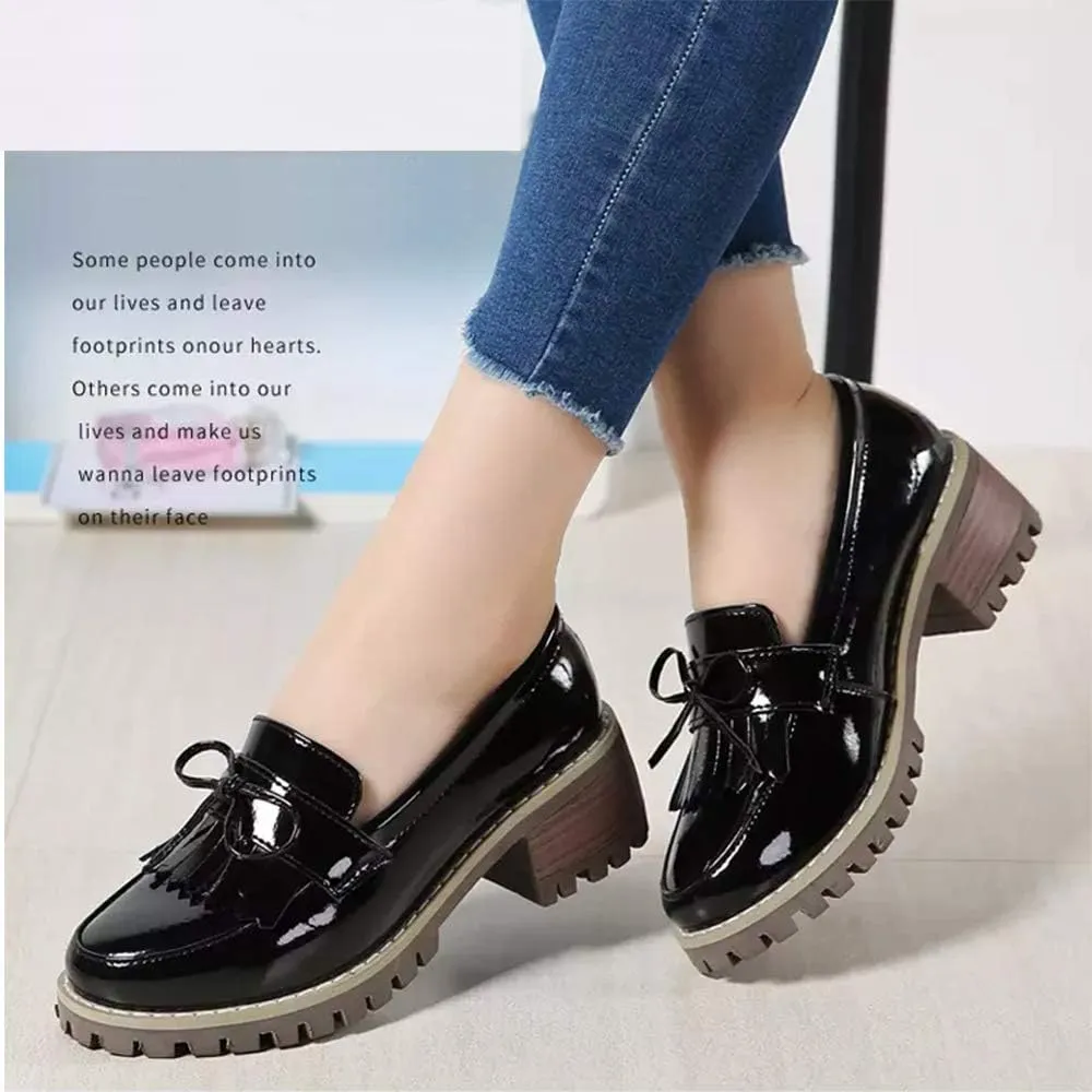 JITUUE Penny Loafers for Women Flat Sandals Chunky Low Heels Slip on Patent Leather Mary Jane Shoes with Bow Tassel