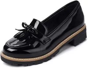 JITUUE Penny Loafers for Women Flat Sandals Chunky Low Heels Slip on Patent Leather Mary Jane Shoes with Bow Tassel
