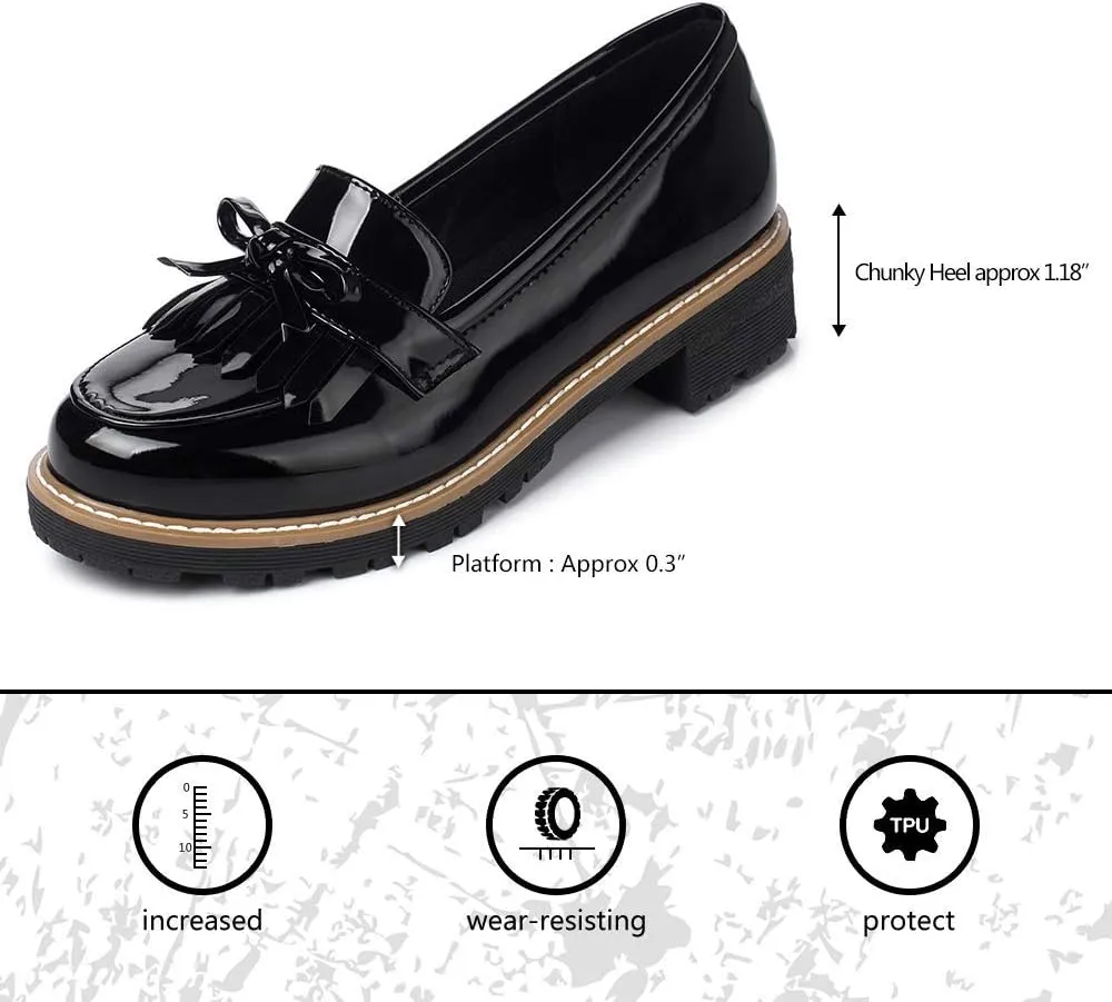 JITUUE Penny Loafers for Women Flat Sandals Chunky Low Heels Slip on Patent Leather Mary Jane Shoes with Bow Tassel