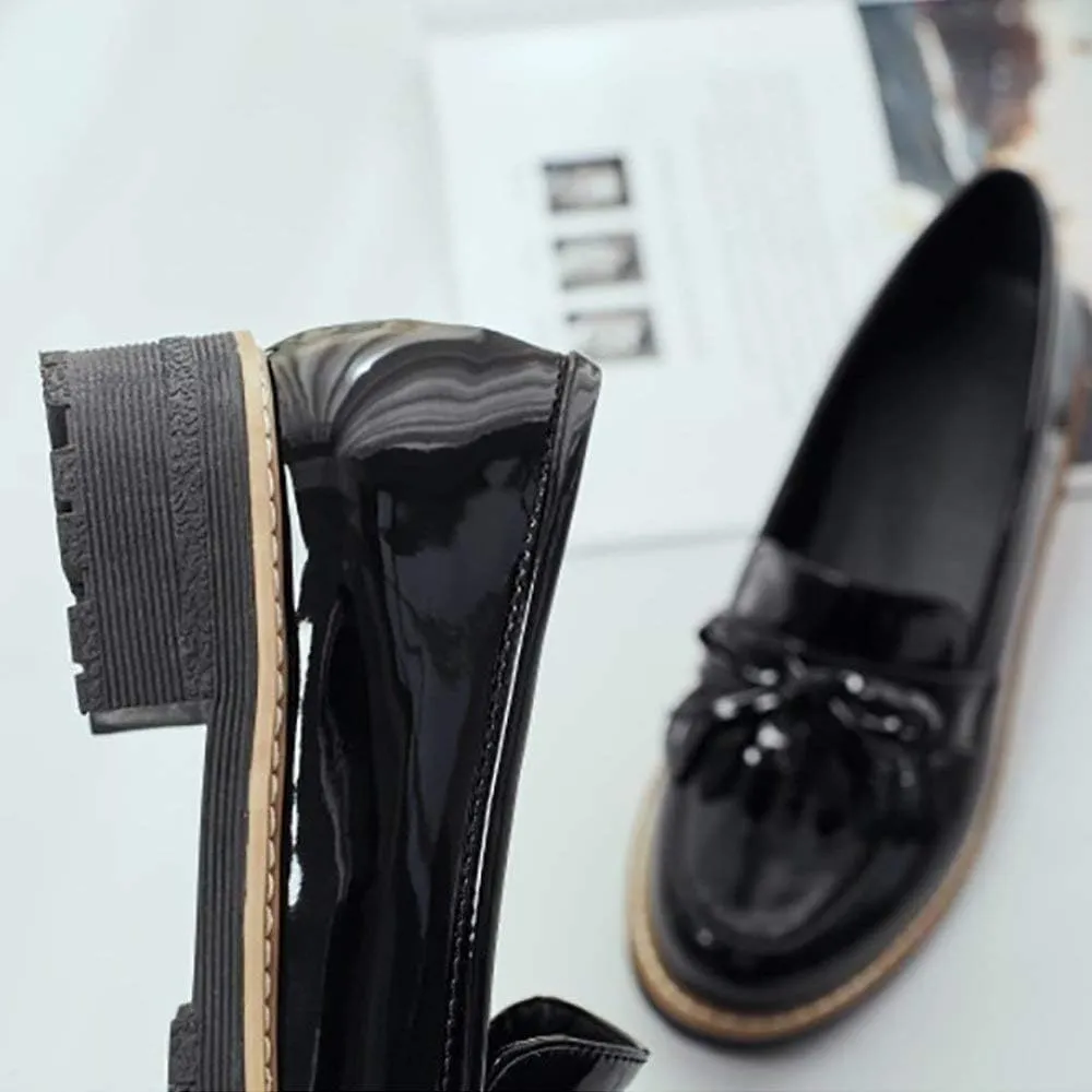 JITUUE Penny Loafers for Women Flat Sandals Chunky Low Heels Slip on Patent Leather Mary Jane Shoes with Bow Tassel