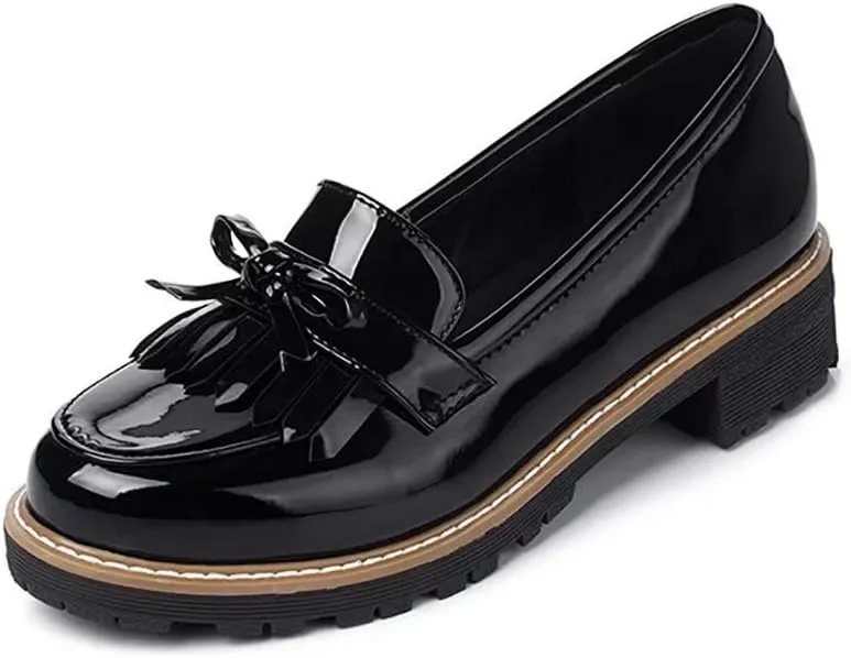 JITUUE Penny Loafers for Women Flat Sandals Chunky Low Heels Slip on Patent Leather Mary Jane Shoes with Bow Tassel