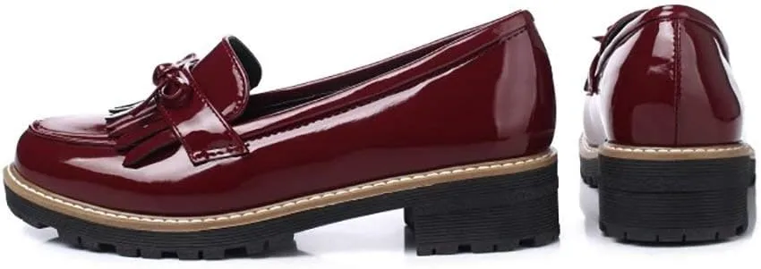 JITUUE Penny Loafers for Women Flat Sandals Chunky Low Heels Slip on Patent Leather Mary Jane Shoes with Bow Tassel