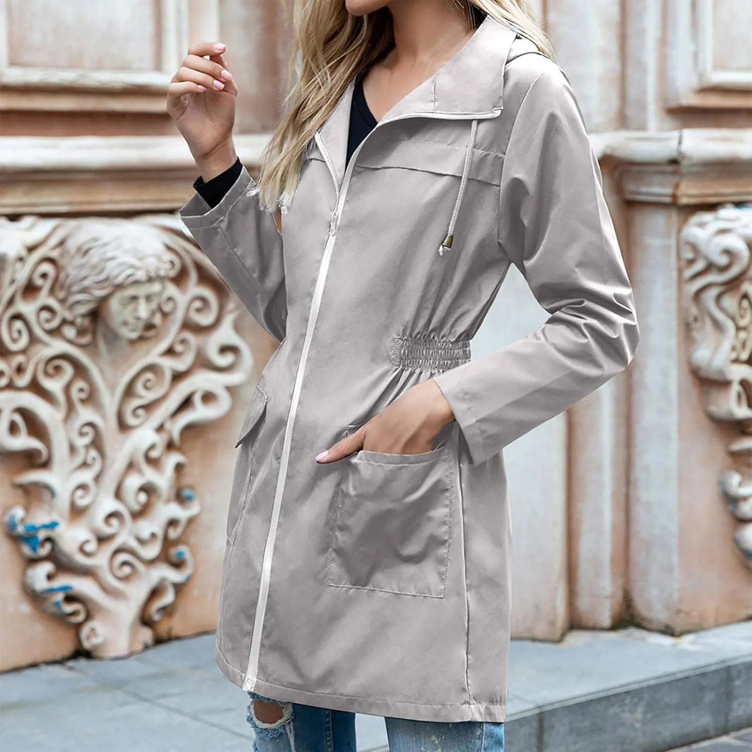 Light Weight Rain Jackets Women Hooded Cinch Waist Solid Waterproof Windbreaker Mid Length Windproof Raincoat Travel
