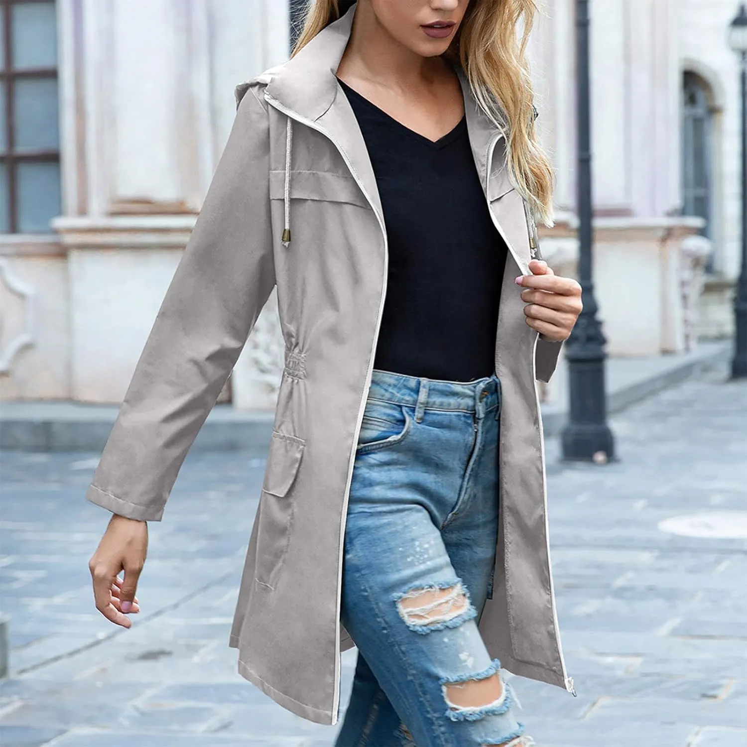Light Weight Rain Jackets Women Hooded Cinch Waist Solid Waterproof Windbreaker Mid Length Windproof Raincoat Travel