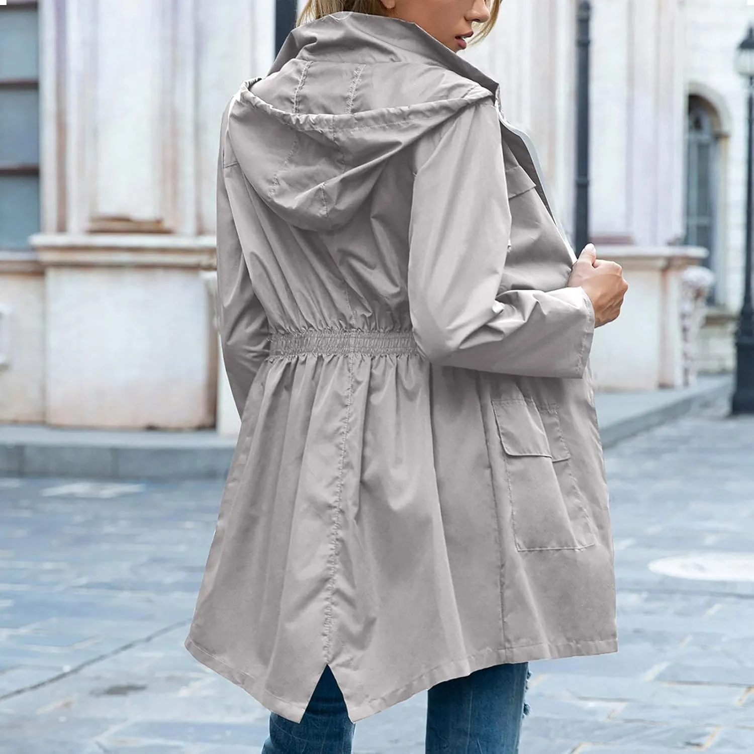 Light Weight Rain Jackets Women Hooded Cinch Waist Solid Waterproof Windbreaker Mid Length Windproof Raincoat Travel