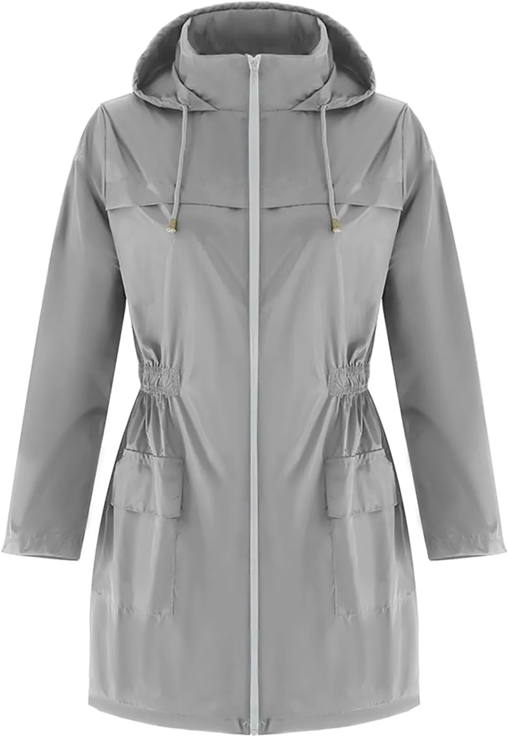 Light Weight Rain Jackets Women Hooded Cinch Waist Solid Waterproof Windbreaker Mid Length Windproof Raincoat Travel