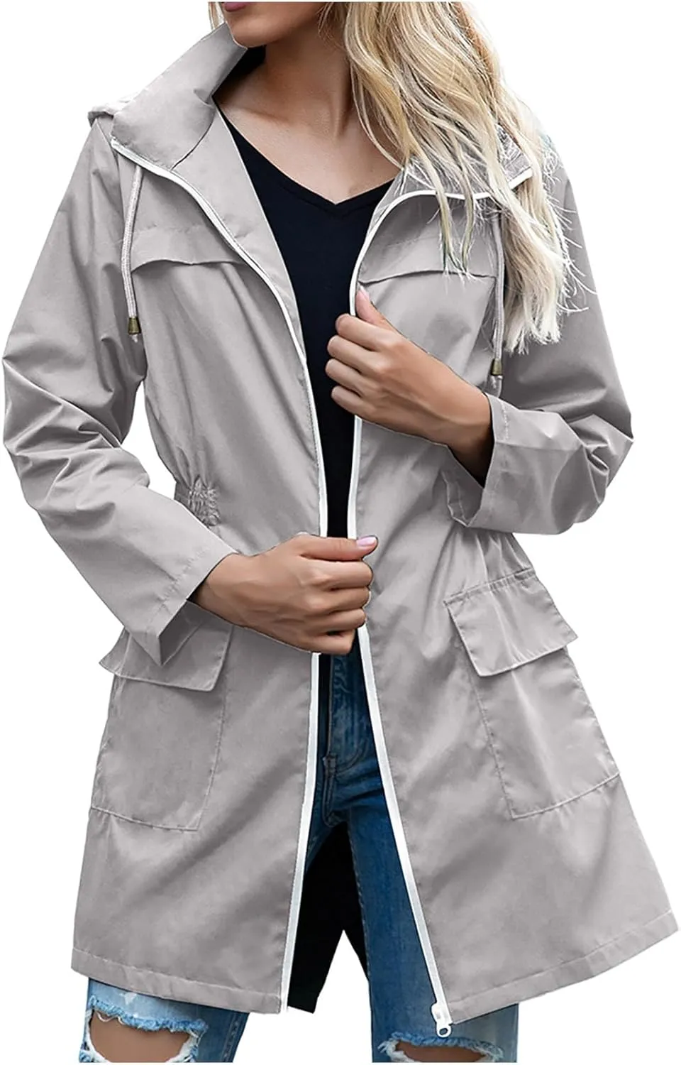Light Weight Rain Jackets Women Hooded Cinch Waist Solid Waterproof Windbreaker Mid Length Windproof Raincoat Travel