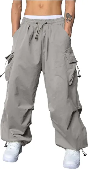 Men's Baggy Cargo Pants Casual Parachute Pants Elastic Waist Drawstring Loose Fit Outdoor Multi Pockets