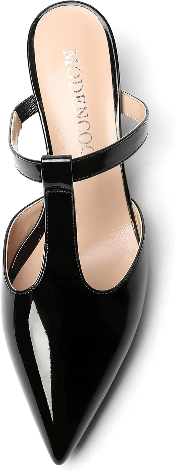 MODENCOCO Women's Comfortable Slip On Dress Pointed Toe T Strap Patent Party Wedge Low Heel Pumps Shoes 2 Inch