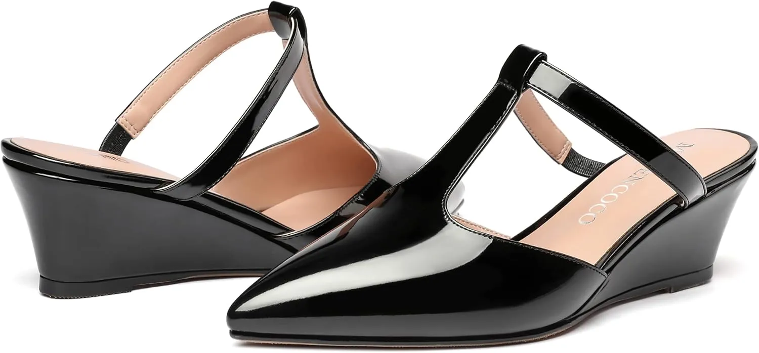 MODENCOCO Women's Comfortable Slip On Dress Pointed Toe T Strap Patent Party Wedge Low Heel Pumps Shoes 2 Inch