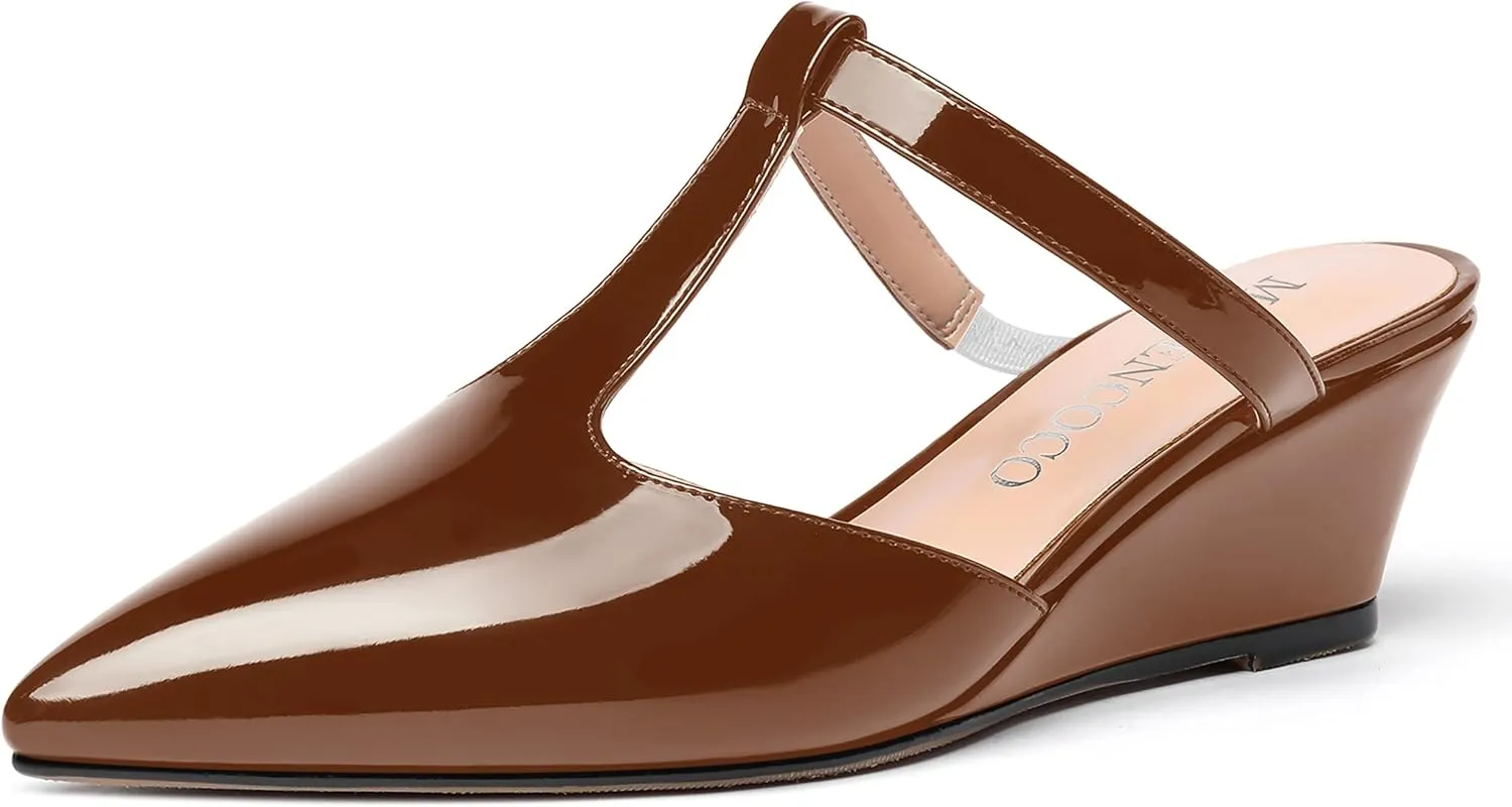 MODENCOCO Women's Comfortable Slip On Dress Pointed Toe T Strap Patent Party Wedge Low Heel Pumps Shoes 2 Inch