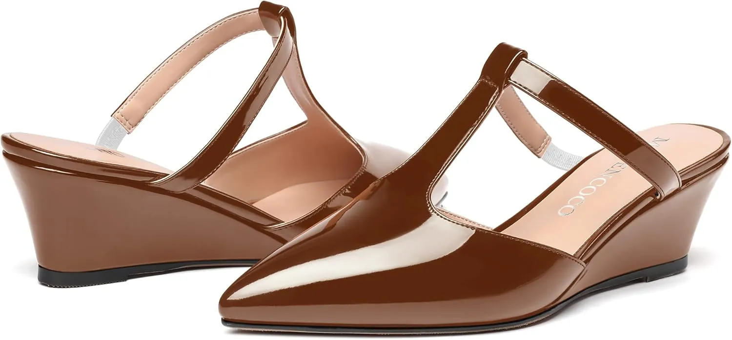 MODENCOCO Women's Comfortable Slip On Dress Pointed Toe T Strap Patent Party Wedge Low Heel Pumps Shoes 2 Inch