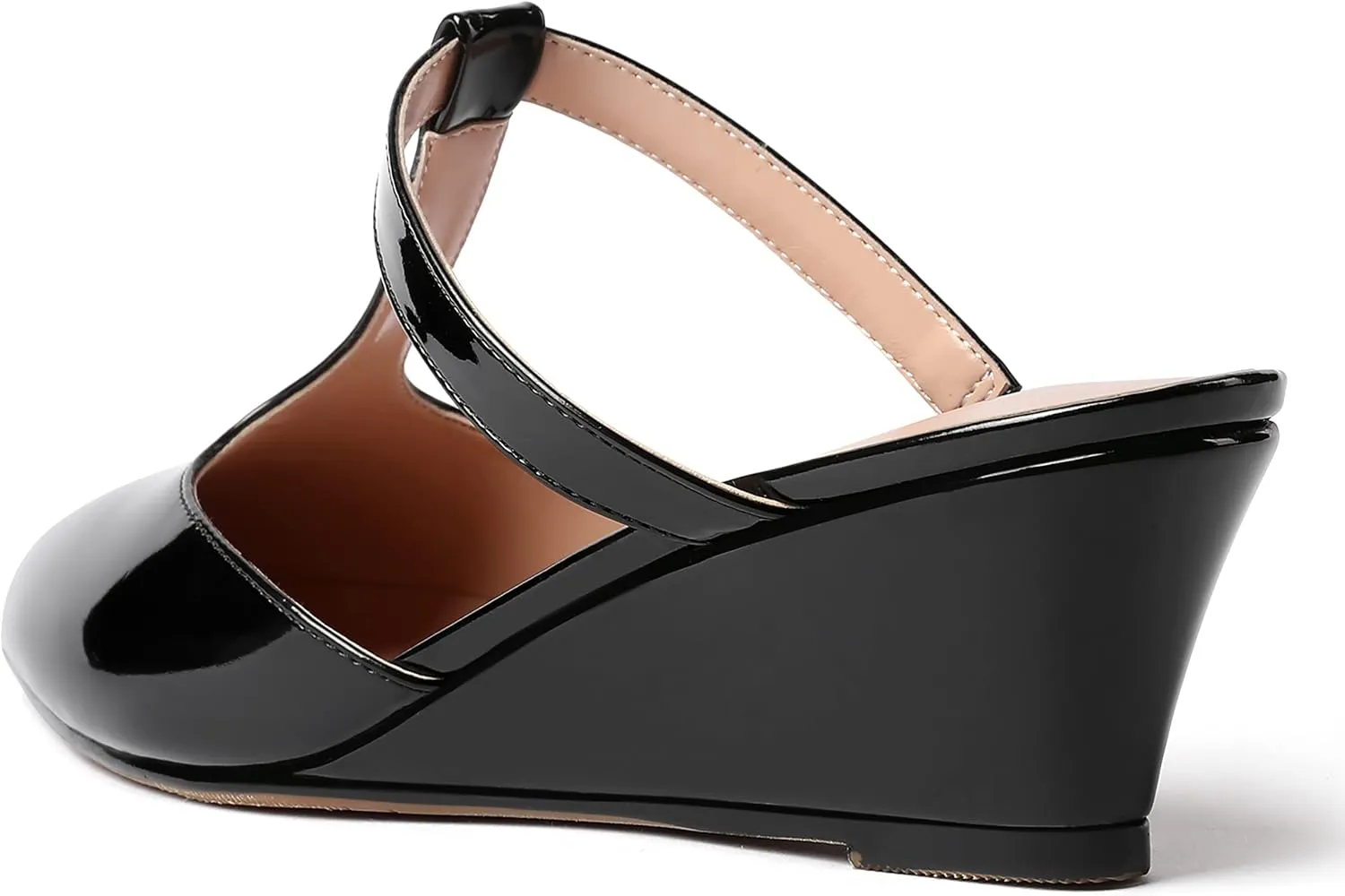 MODENCOCO Women's Comfortable Slip On Dress Pointed Toe T Strap Patent Party Wedge Low Heel Pumps Shoes 2 Inch