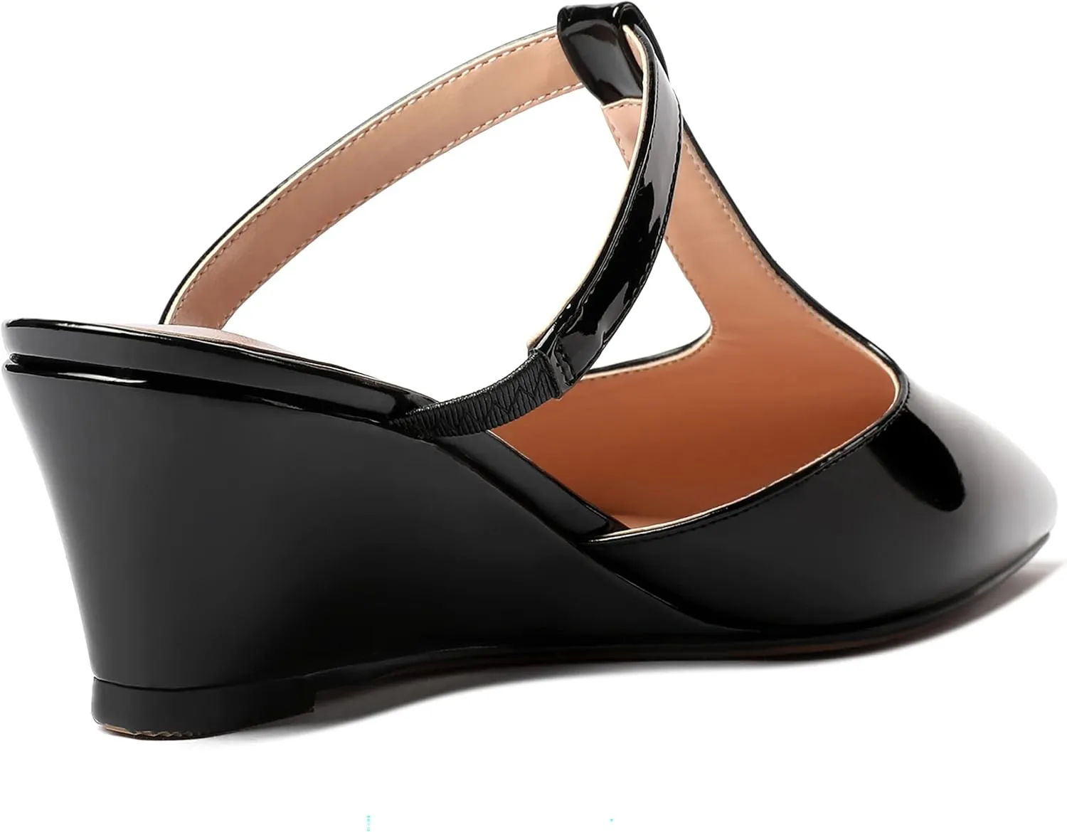 MODENCOCO Women's Comfortable Slip On Dress Pointed Toe T Strap Patent Party Wedge Low Heel Pumps Shoes 2 Inch