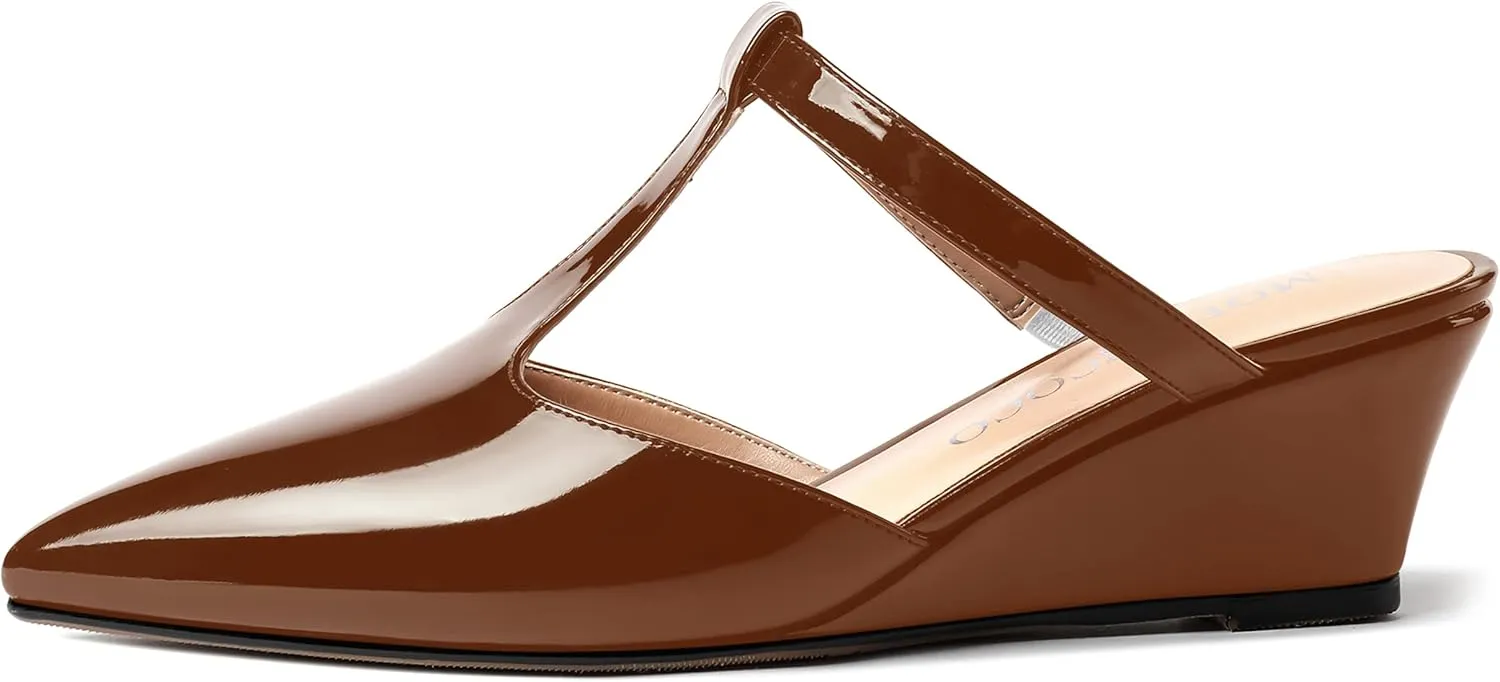 MODENCOCO Women's Comfortable Slip On Dress Pointed Toe T Strap Patent Party Wedge Low Heel Pumps Shoes 2 Inch