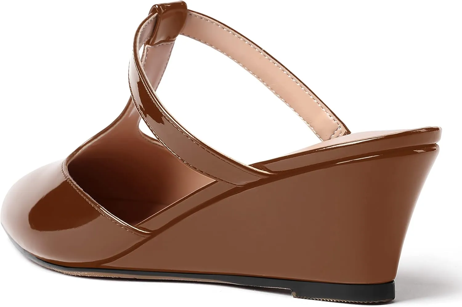 MODENCOCO Women's Comfortable Slip On Dress Pointed Toe T Strap Patent Party Wedge Low Heel Pumps Shoes 2 Inch