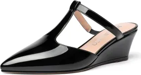 MODENCOCO Women's Comfortable Slip On Dress Pointed Toe T Strap Patent Party Wedge Low Heel Pumps Shoes 2 Inch