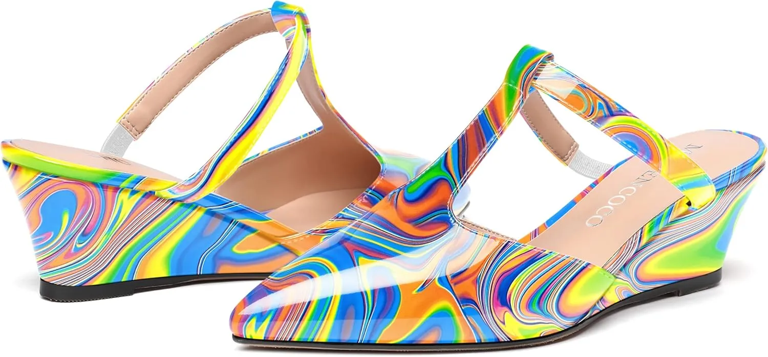 MODENCOCO Women's Comfortable Slip On Dress Pointed Toe T Strap Patent Party Wedge Low Heel Pumps Shoes 2 Inch
