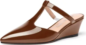 MODENCOCO Women's Comfortable Slip On Dress Pointed Toe T Strap Patent Party Wedge Low Heel Pumps Shoes 2 Inch