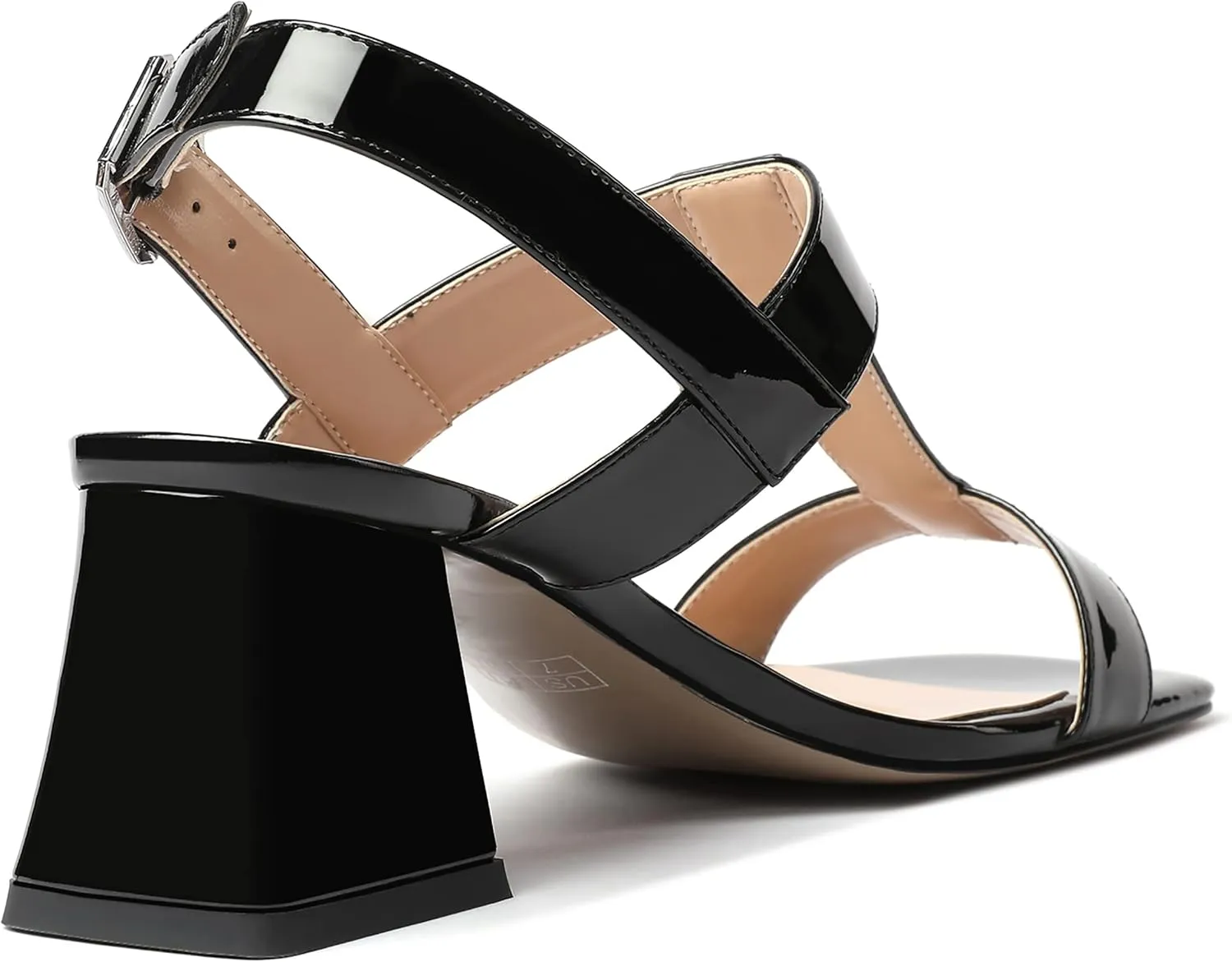 MODENCOCO Women's Strap Buckle Patent Slingback Dating Fashion Square Toe Chunky Low Heel Heeled Sandals 2 Inch