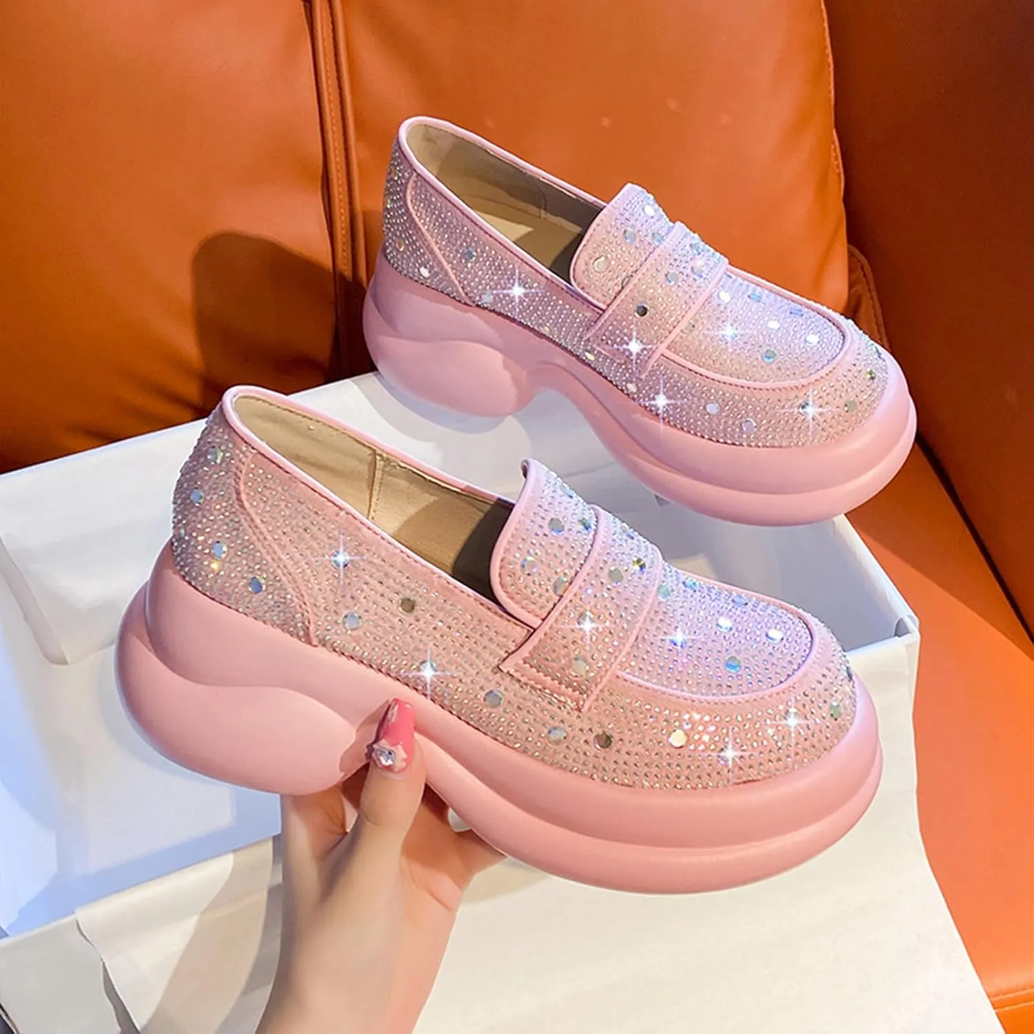 Optigard Women's Rhinestone Glitter Platform Loafers,Comfort Low Top Slip-On Shallow Mouth Bling Casual Flat Walking Sneakers Fashion Dresses Shoes