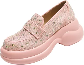 Optigard Women's Rhinestone Glitter Platform Loafers,Comfort Low Top Slip-On Shallow Mouth Bling Casual Flat Walking Sneakers Fashion Dresses Shoes