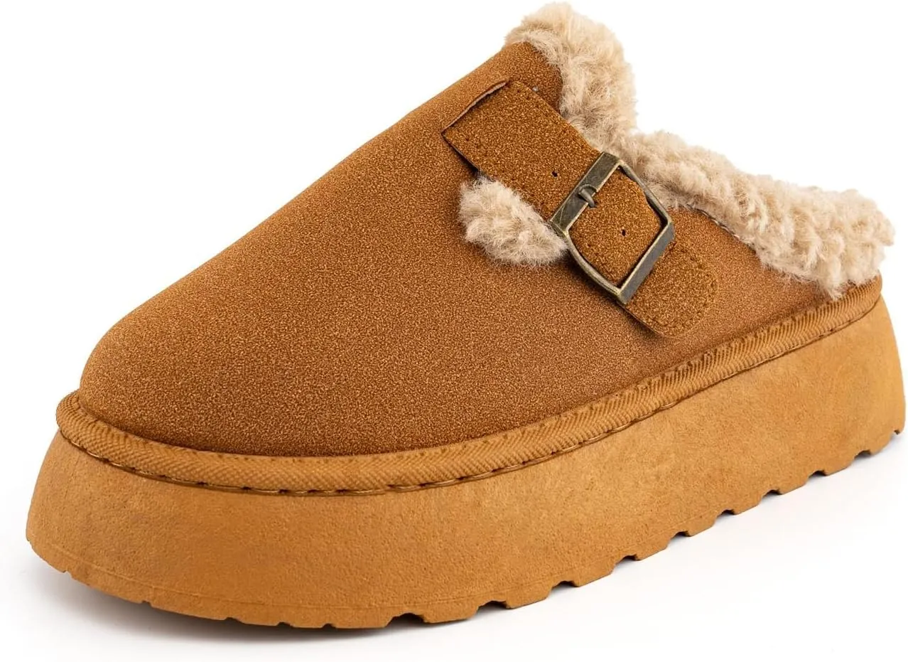 SIFINELAR Platform Slippers for Women Mini Ankle Booties Warm Fuzzy Slippers Brown Suede Boots with Platform Cozy Slides Lightweight Boots with Comfort for Jeans/Dress
