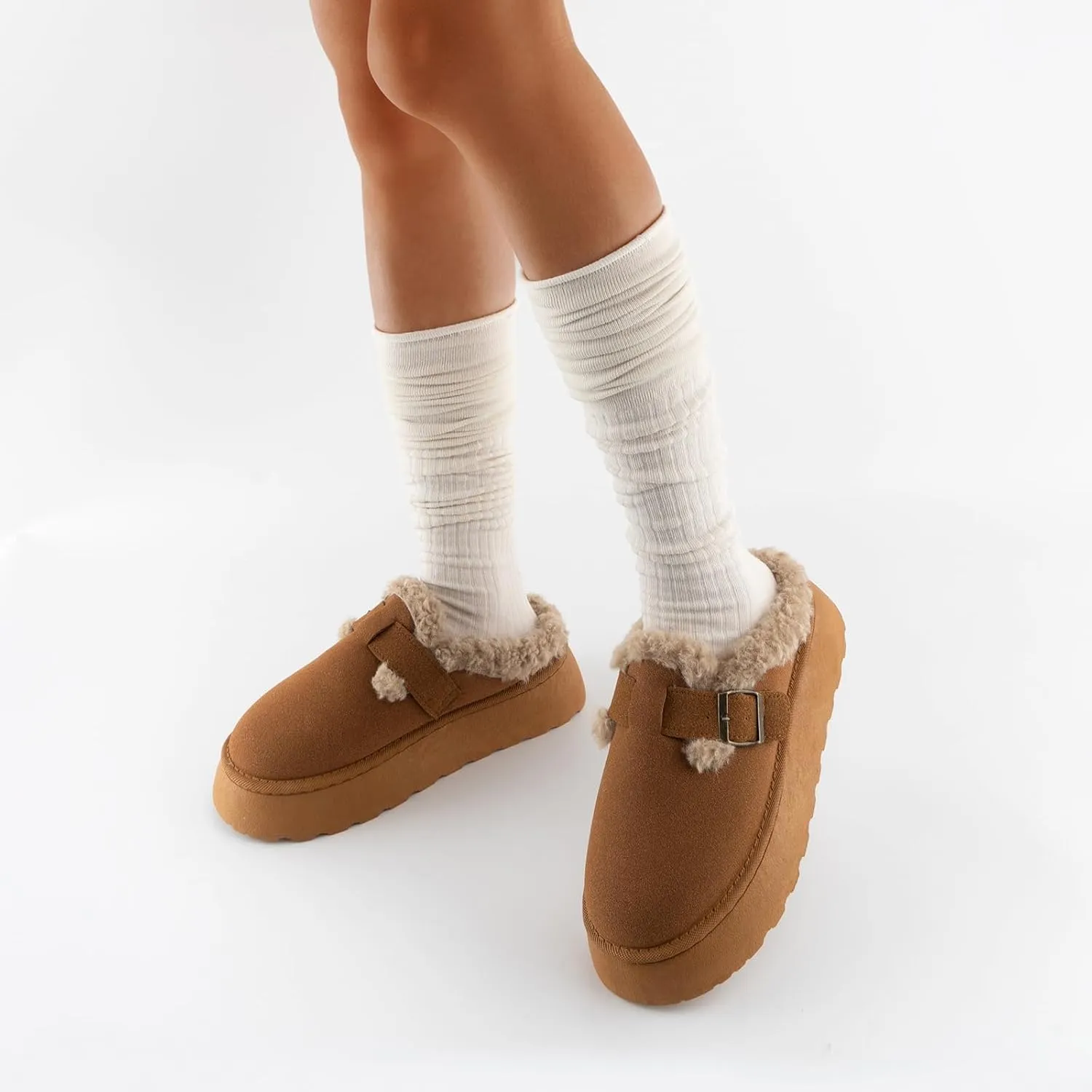 SIFINELAR Platform Slippers for Women Mini Ankle Booties Warm Fuzzy Slippers Brown Suede Boots with Platform Cozy Slides Lightweight Boots with Comfort for Jeans/Dress