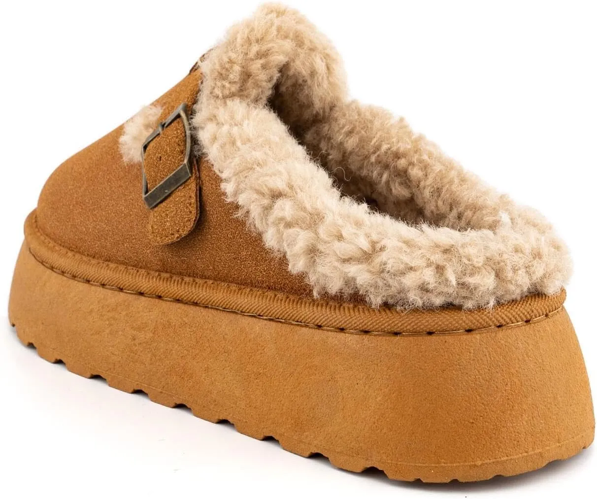 SIFINELAR Platform Slippers for Women Mini Ankle Booties Warm Fuzzy Slippers Brown Suede Boots with Platform Cozy Slides Lightweight Boots with Comfort for Jeans/Dress