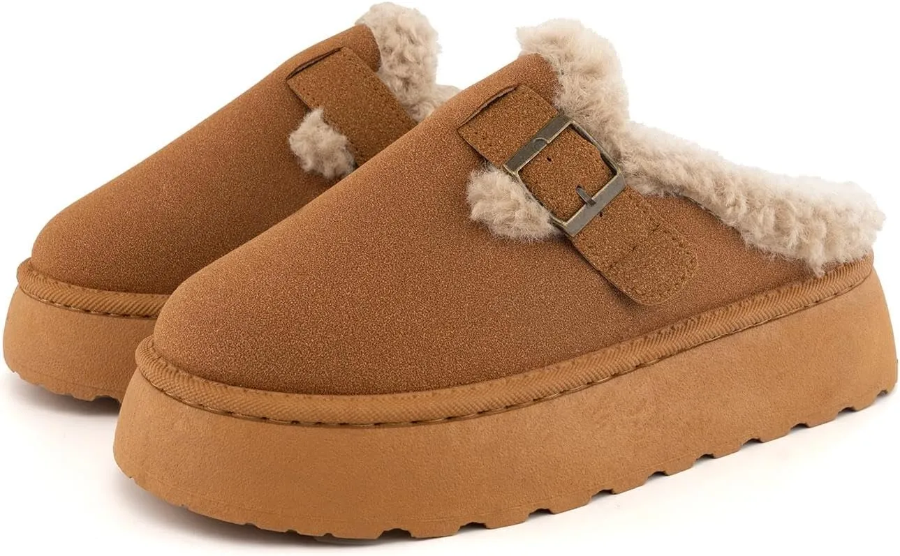 SIFINELAR Platform Slippers for Women Mini Ankle Booties Warm Fuzzy Slippers Brown Suede Boots with Platform Cozy Slides Lightweight Boots with Comfort for Jeans/Dress