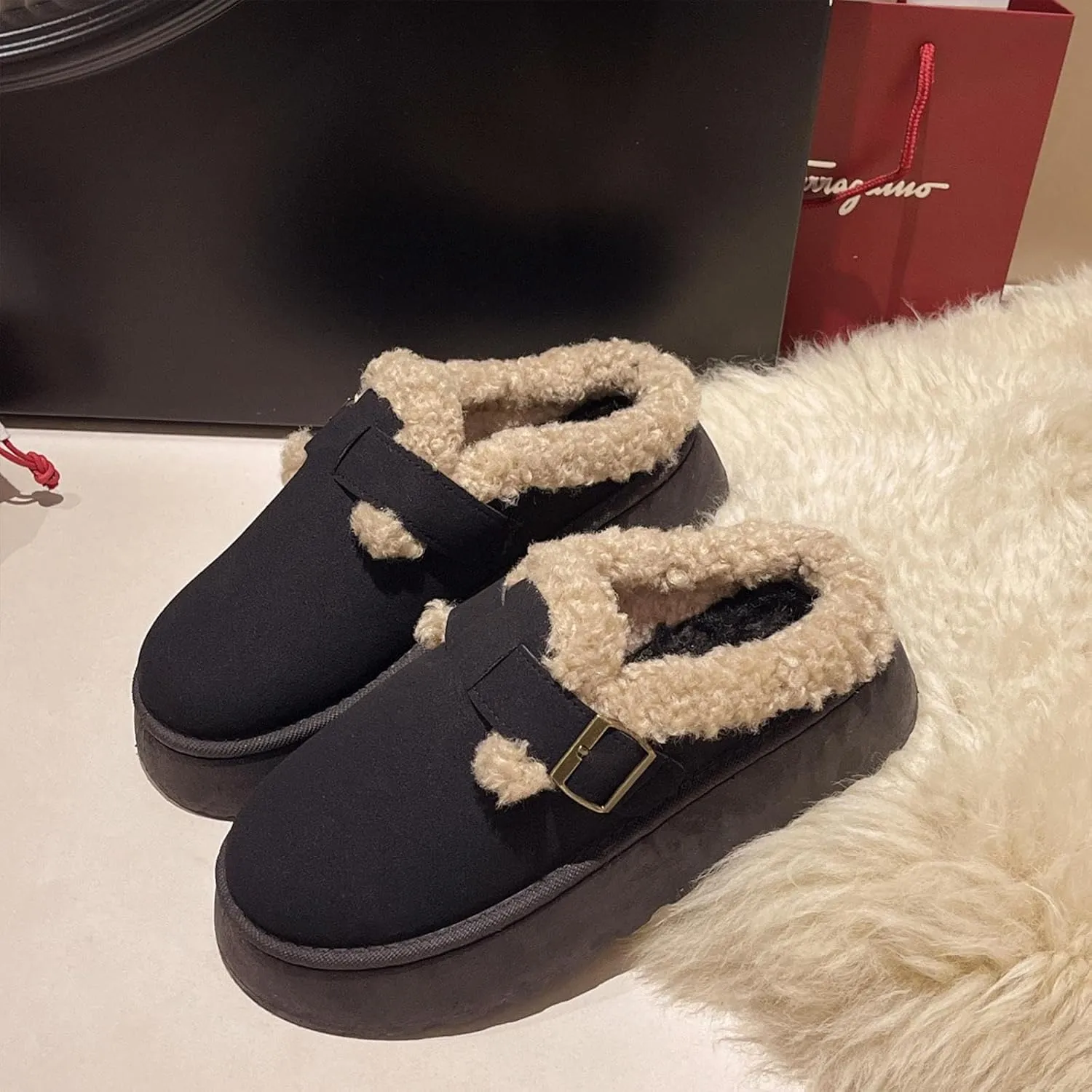 SIFINELAR Platform Slippers for Women Mini Ankle Booties Warm Fuzzy Slippers Brown Suede Boots with Platform Cozy Slides Lightweight Boots with Comfort for Jeans/Dress