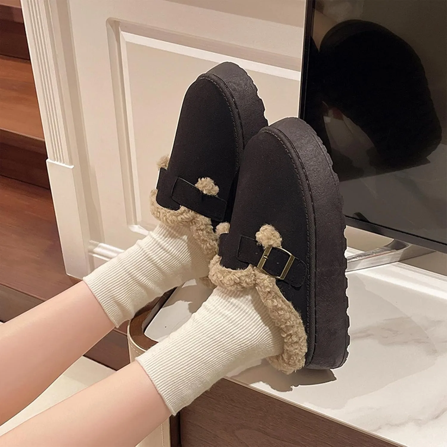SIFINELAR Platform Slippers for Women Mini Ankle Booties Warm Fuzzy Slippers Brown Suede Boots with Platform Cozy Slides Lightweight Boots with Comfort for Jeans/Dress