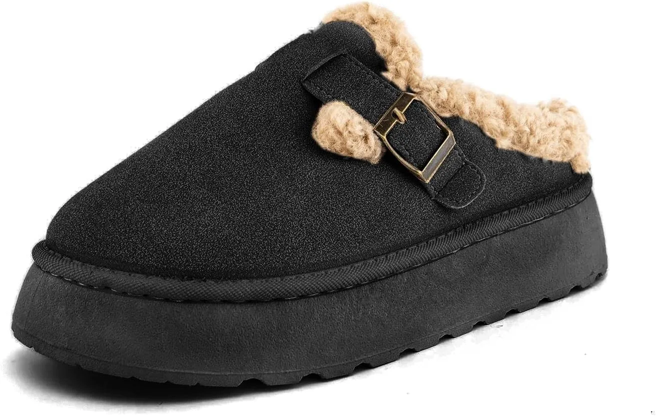 SIFINELAR Platform Slippers for Women Mini Ankle Booties Warm Fuzzy Slippers Brown Suede Boots with Platform Cozy Slides Lightweight Boots with Comfort for Jeans/Dress