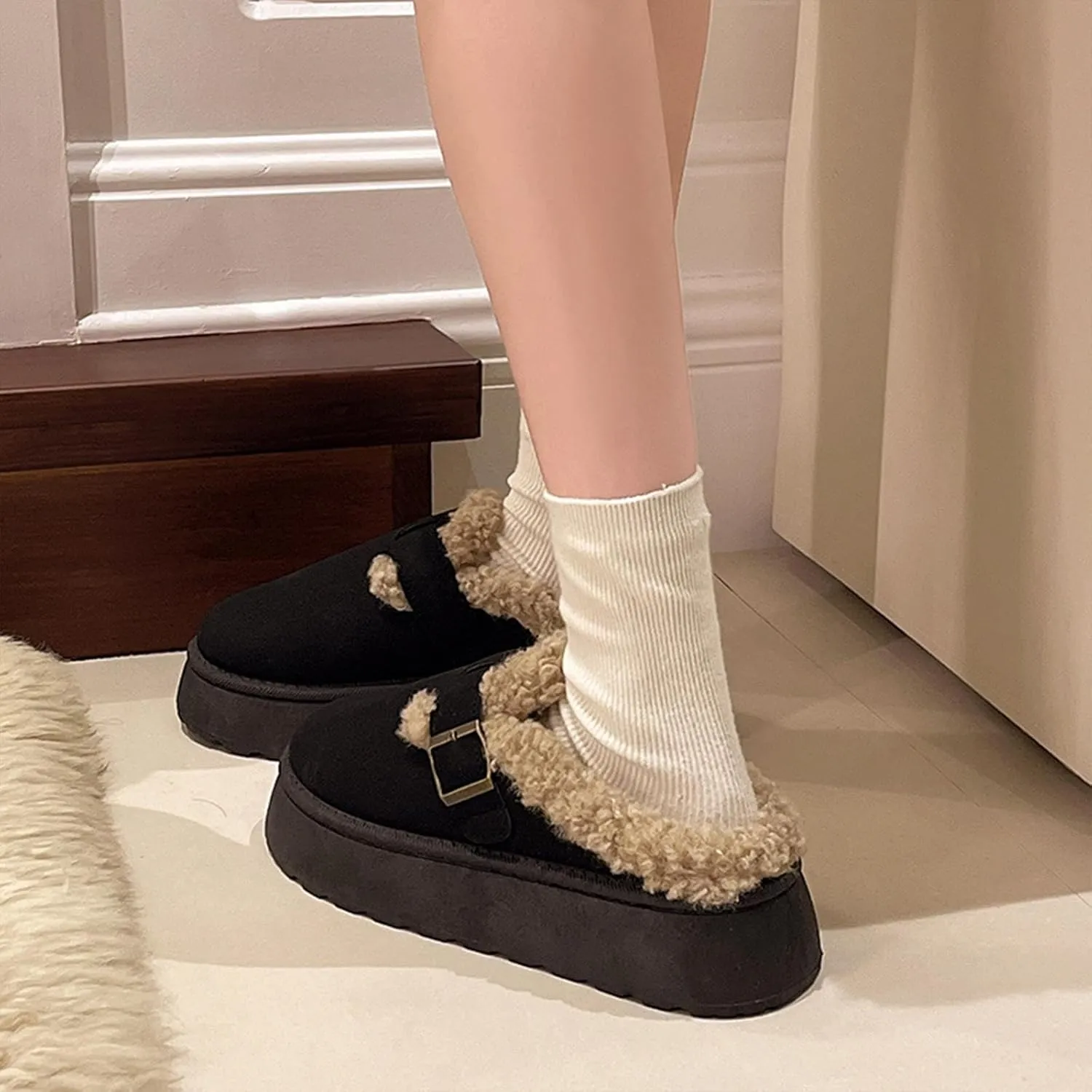 SIFINELAR Platform Slippers for Women Mini Ankle Booties Warm Fuzzy Slippers Brown Suede Boots with Platform Cozy Slides Lightweight Boots with Comfort for Jeans/Dress