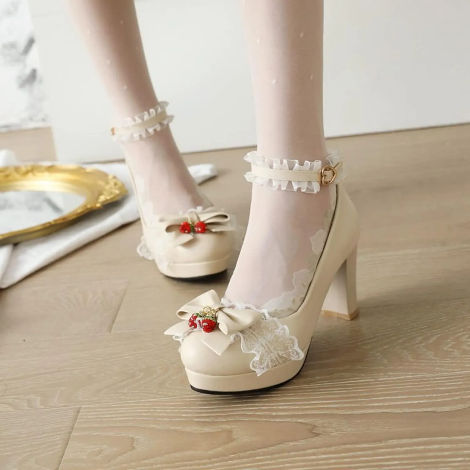 Women Chunky High Heel Lolita Shoes Round Toe Ankle Strap Bowknot Sweet Maid Platform Dress Pumps