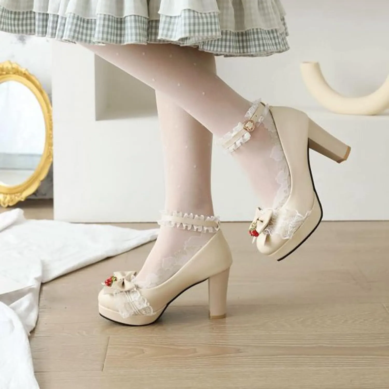 Women Chunky High Heel Lolita Shoes Round Toe Ankle Strap Bowknot Sweet Maid Platform Dress Pumps