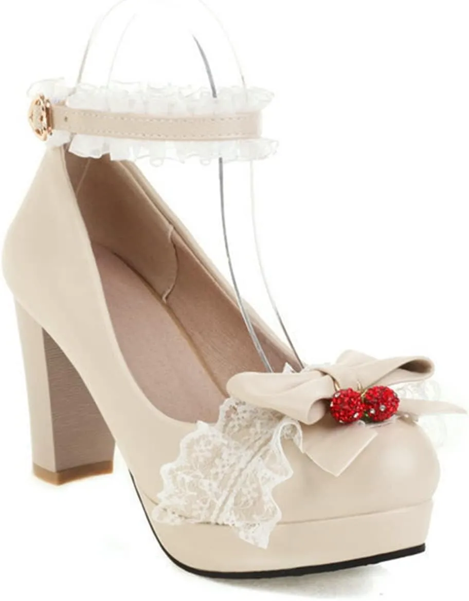 Women Chunky High Heel Lolita Shoes Round Toe Ankle Strap Bowknot Sweet Maid Platform Dress Pumps