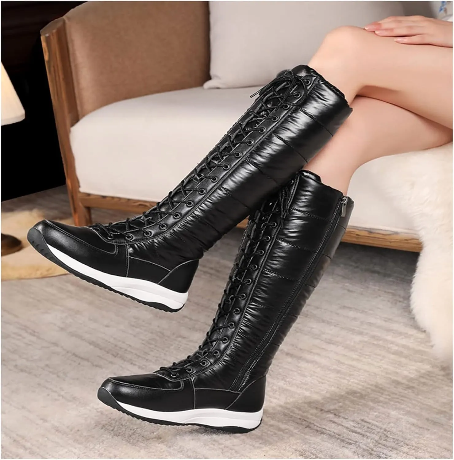 Women's Mid Leather Boots Down Boots Wide Knee High Boot Fashion Winter Lace-up Boots Women Side Zip Boots Flat Casual,Women Boots Platform Cotton Warm Snow Boots