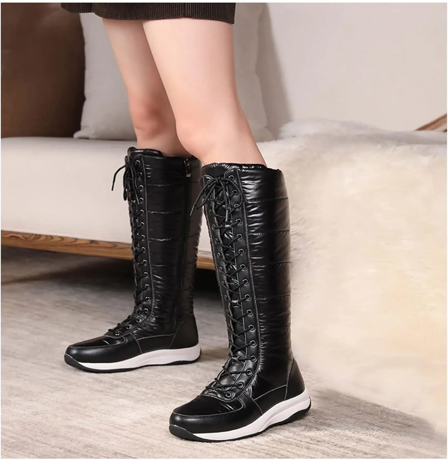 Women's Mid Leather Boots Down Boots Wide Knee High Boot Fashion Winter Lace-up Boots Women Side Zip Boots Flat Casual,Women Boots Platform Cotton Warm Snow Boots