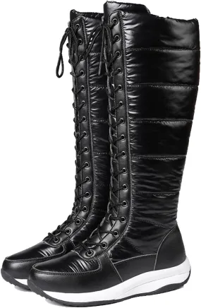 Women's Mid Leather Boots Down Boots Wide Knee High Boot Fashion Winter Lace-up Boots Women Side Zip Boots Flat Casual,Women Boots Platform Cotton Warm Snow Boots