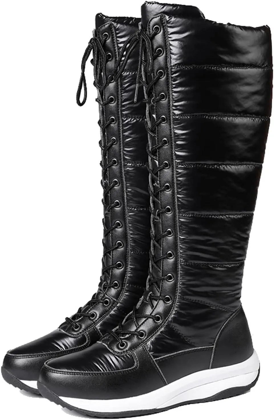 Women's Mid Leather Boots Down Boots Wide Knee High Boot Fashion Winter Lace-up Boots Women Side Zip Boots Flat Casual,Women Boots Platform Cotton Warm Snow Boots